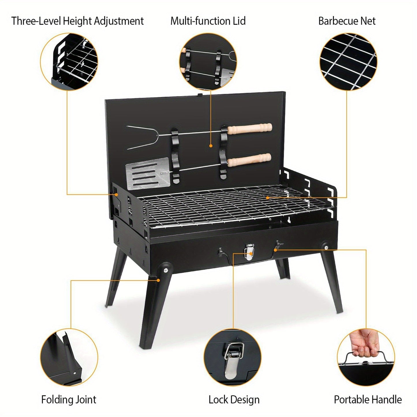 Charcoal Grill Portable BBQ with Hood – Foldable Compact Outdoor Barbecue Grill for Camping Tailgating Picnic Backyard Cookouts | Lightweight Steel with Accessories Included