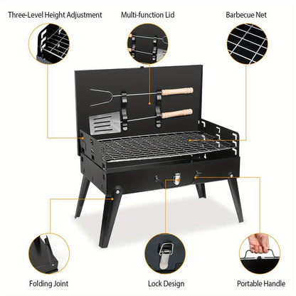 Charcoal Grill Portable BBQ with Hood – Foldable Compact Outdoor Barbecue Grill for Camping Tailgating Picnic Backyard Cookouts | Lightweight Steel with Accessories Included
