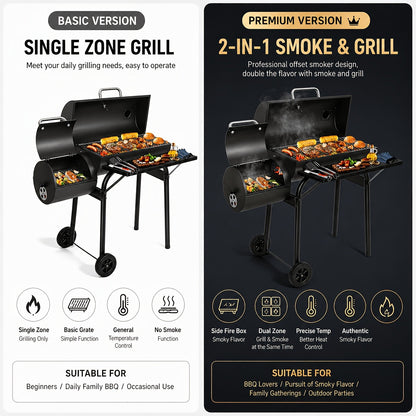 Charcoal Grill with Offset Smoker, Barrel BBQ Smoker Grill Combo for Backyard & Patio, Heavy-Duty Outdoor Charcoal Smoker with Side Firebox for Smoking, Grilling & BBQ Parties