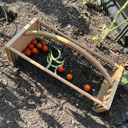 Garden Harvest Basket Metal Mesh with Wooden Handle – Rectangle Vegetable Fruit Picking Basket for Garden, Kitchen & Farmhouse Storage, Wash & Drain Design, Small & Large, Black