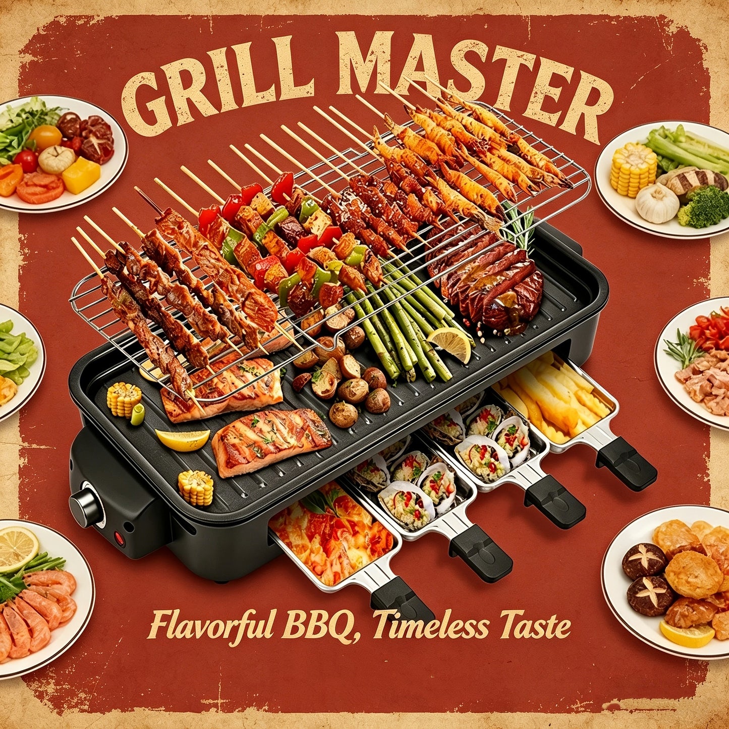 Indoor Smokeless Electric Grill 1500W Non-Stick Raclette Table Grill with Removable Plate & 3 Mini Pans Dishwasher Safe Compact BBQ Griddle