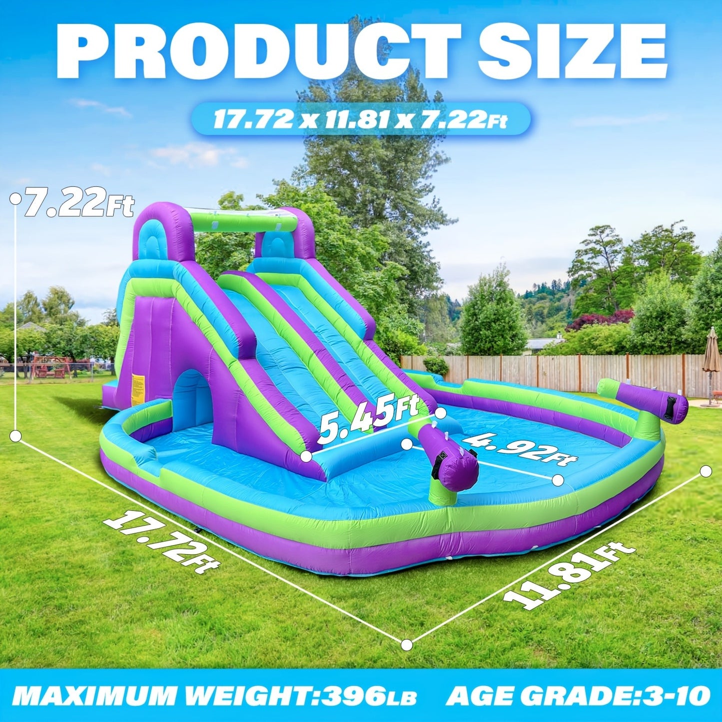 Inflatable Double Water Slide with Climbing Wall & Large Splash Pool – 17.72FT Backyard Water Park for Kids & Adults, Oxford Cloth, Blower Included