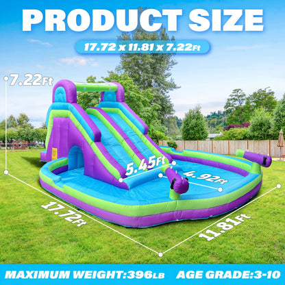 Inflatable Double Water Slide with Climbing Wall & Large Splash Pool – 17.72FT Backyard Water Park for Kids & Adults, Oxford Cloth, Blower Included