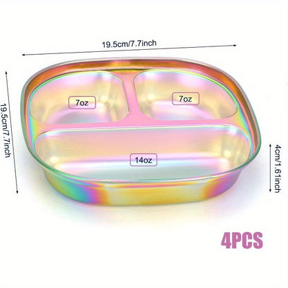 Divided Plates Stainless Steel Set of 4 with Lids - Kids Adults Portion Control Trays BPA Free Camping Meal Prep Picnic Outdoor Lunch Dinner Food Storage