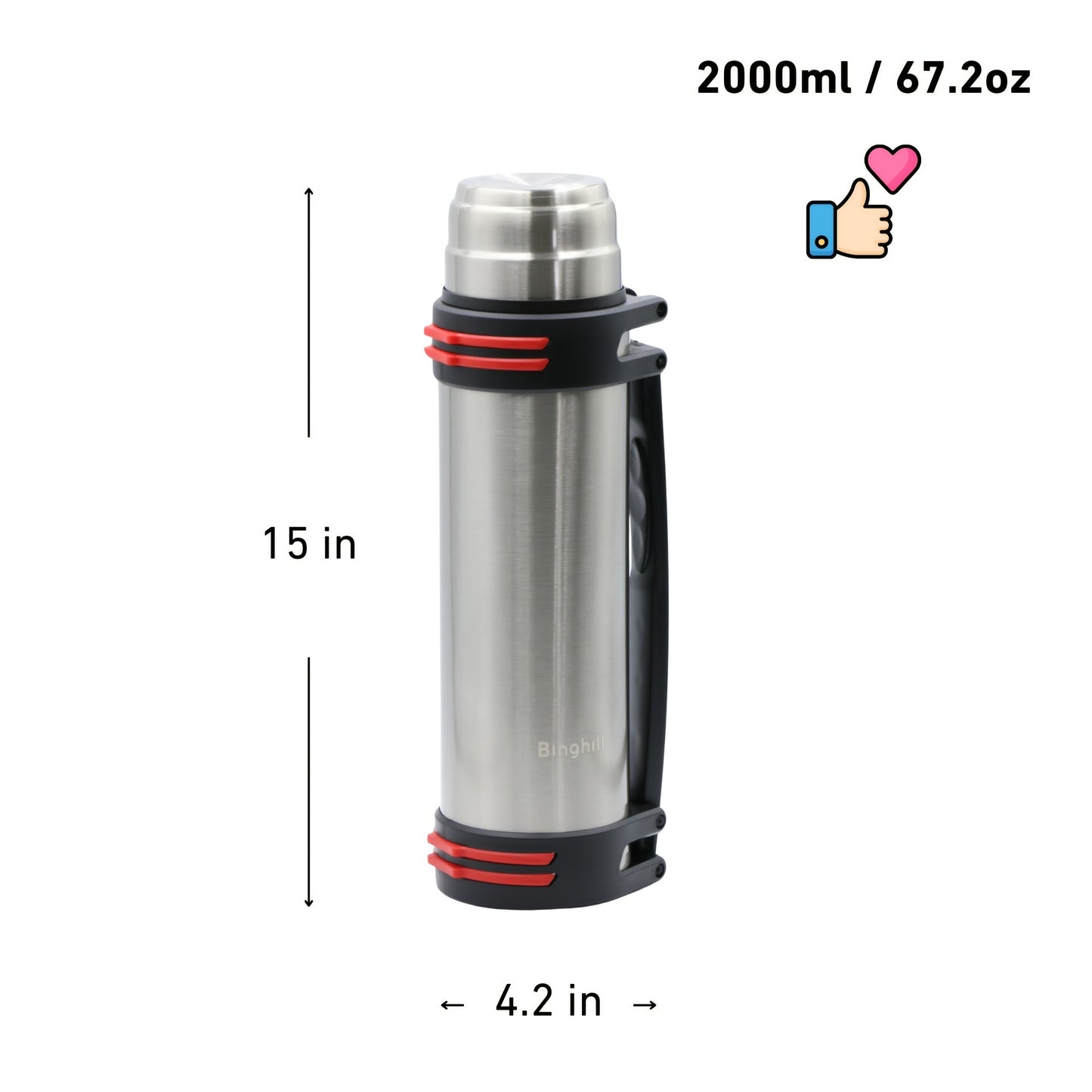 Insulated Water Bottle 2000ml 67oz Stainless Steel Vacuum Flask with Cup Handle Strap BPA Free Wide Mouth Hot Cold Drinks Camping Hiking Sports Gym Travel Gift