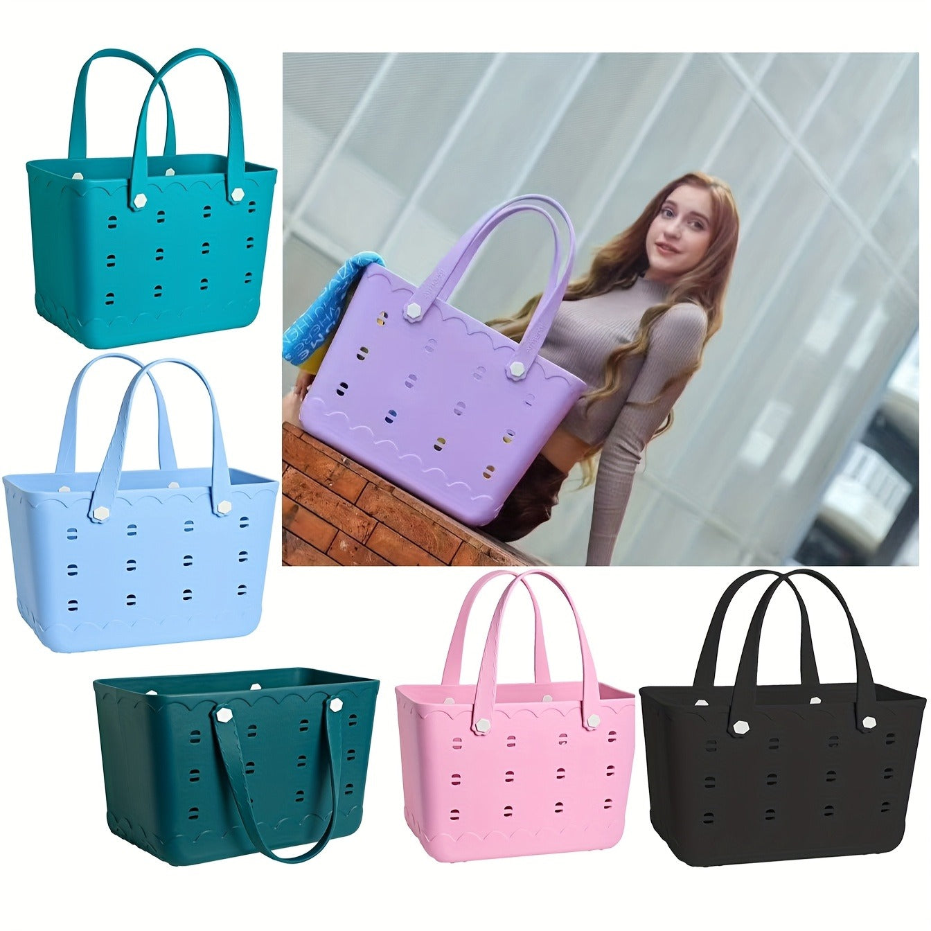 Waterproof Beach Tote Bag for Women – Large Shoulder Handbag for Travel Vacation Fruits Flowers Drinks – M & L