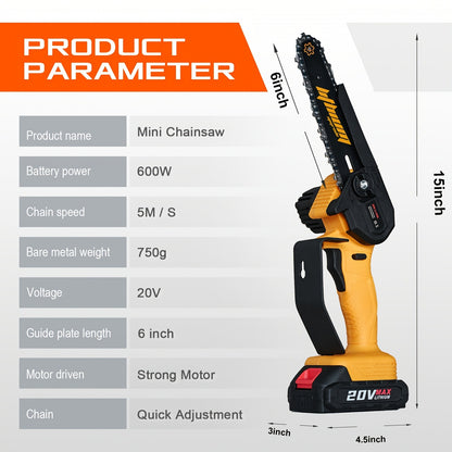 Mini Chainsaw Cordless 6-Inch Brushless with 20V 4.0Ah Rechargeable Battery, One-Hand Electric Handheld Chain Saw for Tree Trimming, Wood Cutting and Yard Work