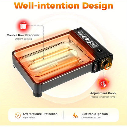 Portable Camping Gas Stove with Dual Fuel Inlets, Adjustable Flame Control, Windproof Frame & Non-Slip Feet – Butane or LPG Outdoor Cooking Stove for Camping, Hiking & Patio