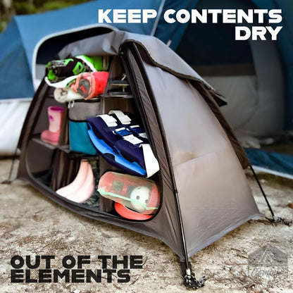 Camping Tent Organizer 9-Shelf with Zippered Flap — Hanging Storage Rack for Shoes, Gear & Dining, Fits Most Tents, Brown & Gray