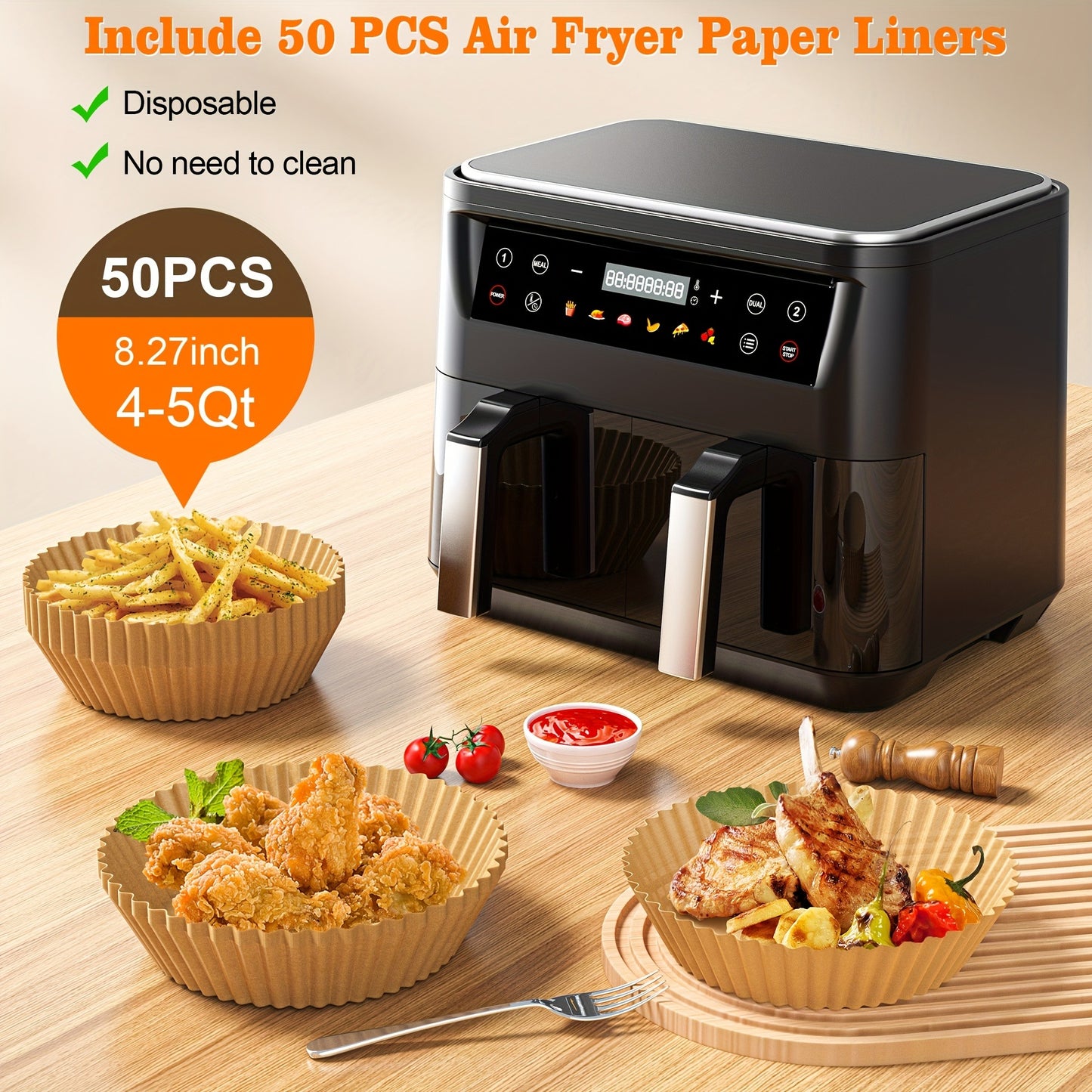 Dual Basket Air Fryer 10Qt, 10-in-1 Double Basket Air Fryer with Sync Cook & Sync Finish, Dishwasher-Safe Baskets for Bake, Roast, Broil & Reheat – Includes 50 Paper Liners, Family-Size