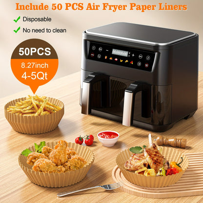 Dual Basket Air Fryer 10Qt, 10-in-1 Double Basket Air Fryer with Sync Cook & Sync Finish, Dishwasher-Safe Baskets for Bake, Roast, Broil & Reheat – Includes 50 Paper Liners, Family-Size