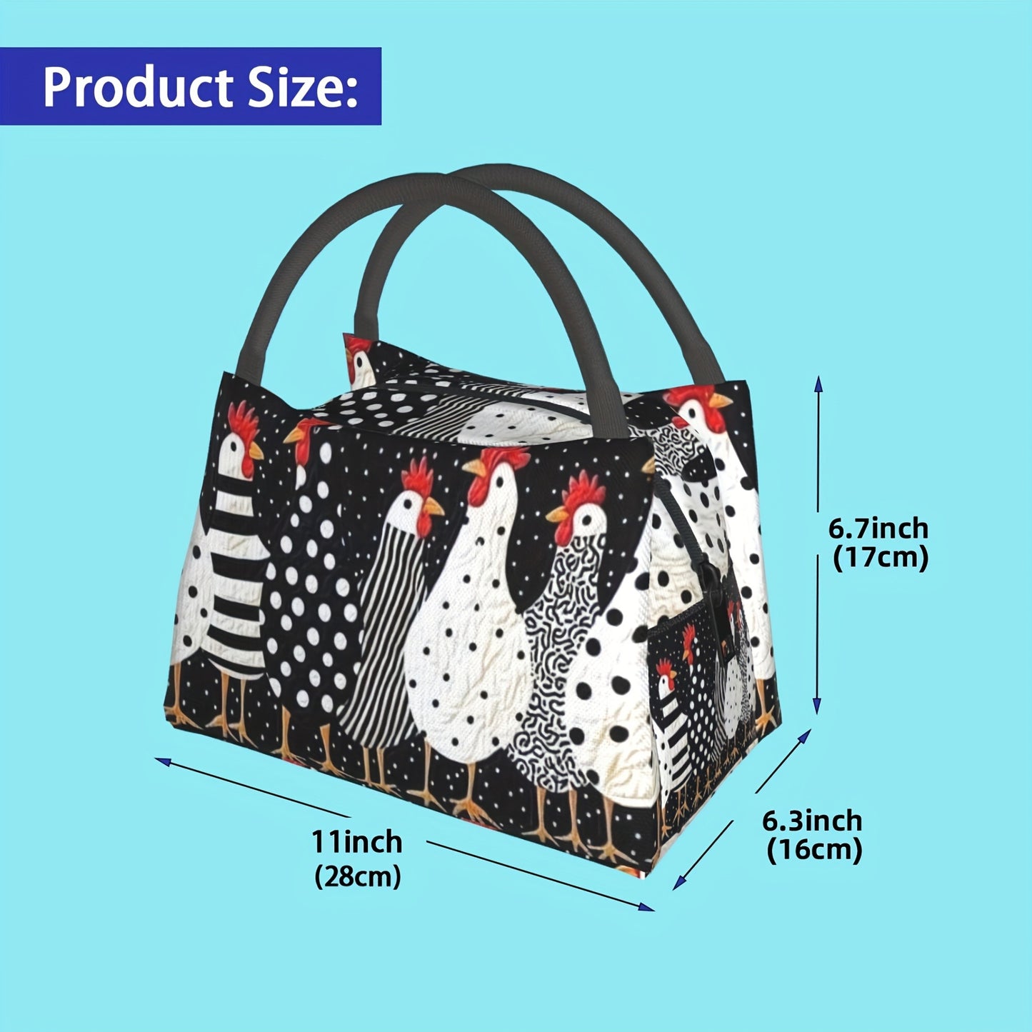 Insulated Lunch Bag with Cute Chicken Pattern Reusable Cooler Tote Bag Portable Thermal Bag for Office Camping Beach Picnic Birthday Gift 11x6.3x6.7in