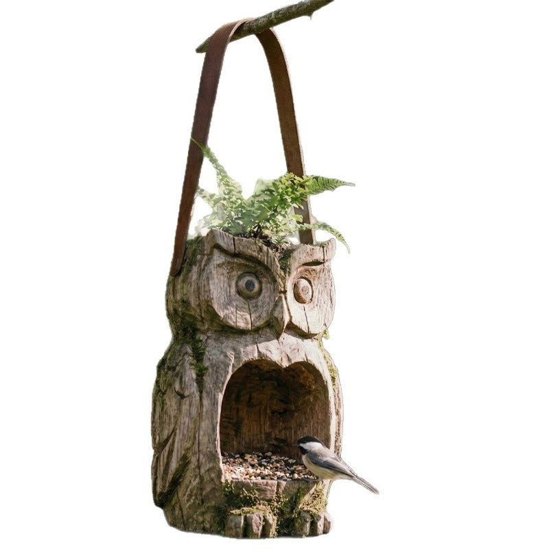 Bird Feeder Hanging Outdoor Rustic Wood Owl-Shaped Plant Pot for Patio Lawn Garden Decor - Open Design Decorative Planter for Bird Seed or Plants, Wood Grain Finish