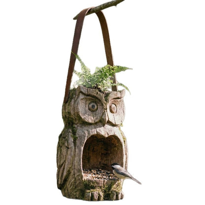 Bird Feeder Hanging Outdoor Rustic Wood Owl-Shaped Plant Pot for Patio Lawn Garden Decor - Open Design Decorative Planter for Bird Seed or Plants, Wood Grain Finish