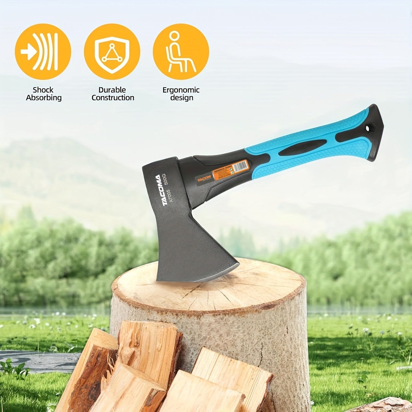 Camping Hatchet Mini Axe 10-Inch Forged High-Carbon Steel with Fiberglass Shock-Absorbing Handle, Portable Splitting Hatchet for Camping, Hiking, Chopping and Outdoor Survival