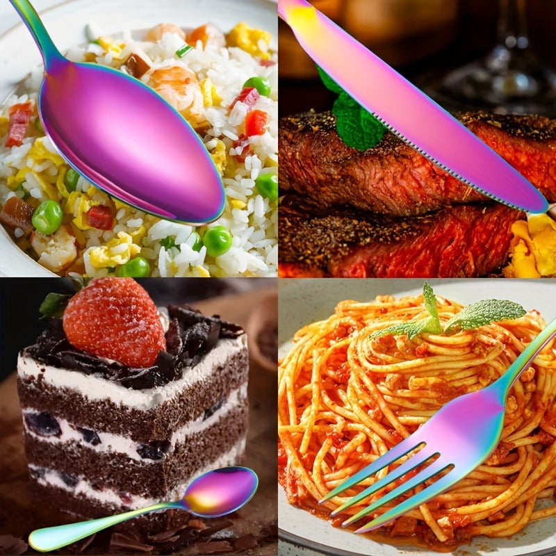 Flatware Set 60 Piece Rainbow Stainless Steel Cutlery 430 Mirror Polish Dishwasher Safe Knife Fork Spoon for Camping Picnic Travel Party Outdoor Dining Serves 12