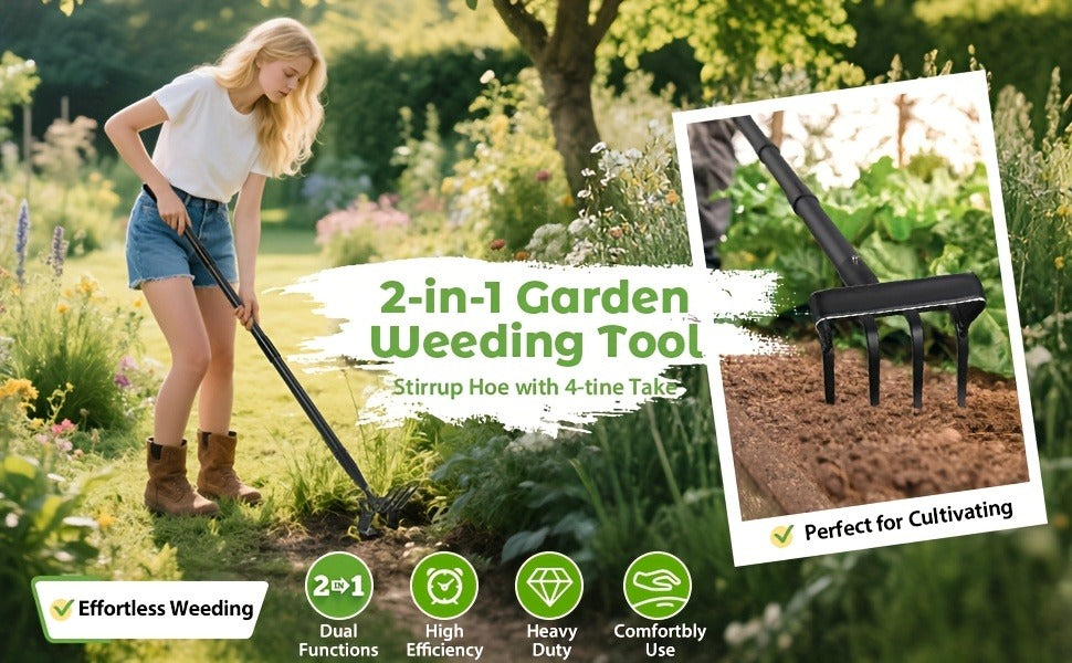 Hula Hoe 2-in-1 Dual Head Stirrup Loop Hoe & 4-Tine Cultivator Rake Heavy Duty All-Metal Long Handle 62 73 82 Inch for Weeding Aerating Loosening Soil