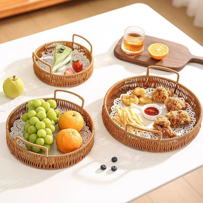 Woven Rattan Bread Basket Set of 3 Round Fruit Basket with Handles for Bread Fruit Vegetables Dim Sum Dining Table Catering Display Decor