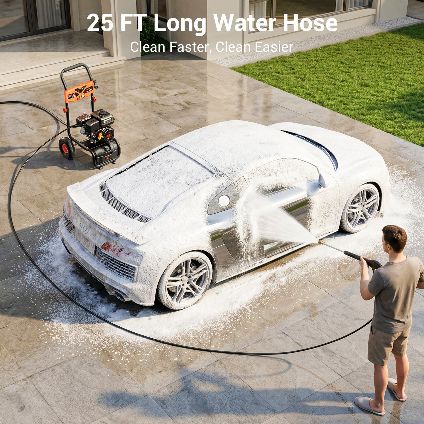 Gas Pressure Washer 3500PSI 7HP 212CC OHV Engine 2.3GPM 25-Foot Hose 4 Quick-Connect Nozzles Axial Cam Pump 10-Inch Pneumatic Tires for Driveways Decks Cars RV