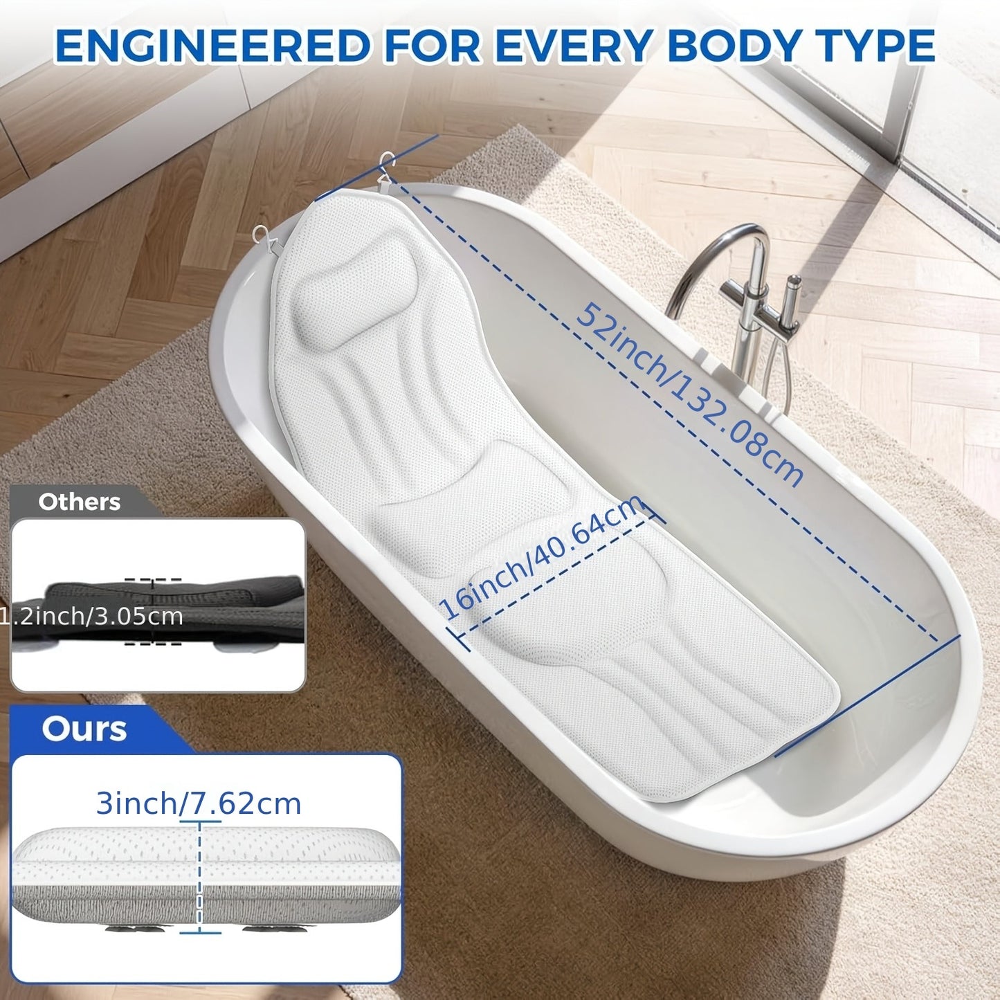 Full Body Bath Mat 52x16 Inch Bathtub Pillow with 180 Suction Cups 5D Mesh Cushion Head Neck Support Anti-Slip Spa Tub Pad for Women Luxury Bathroom Accessory