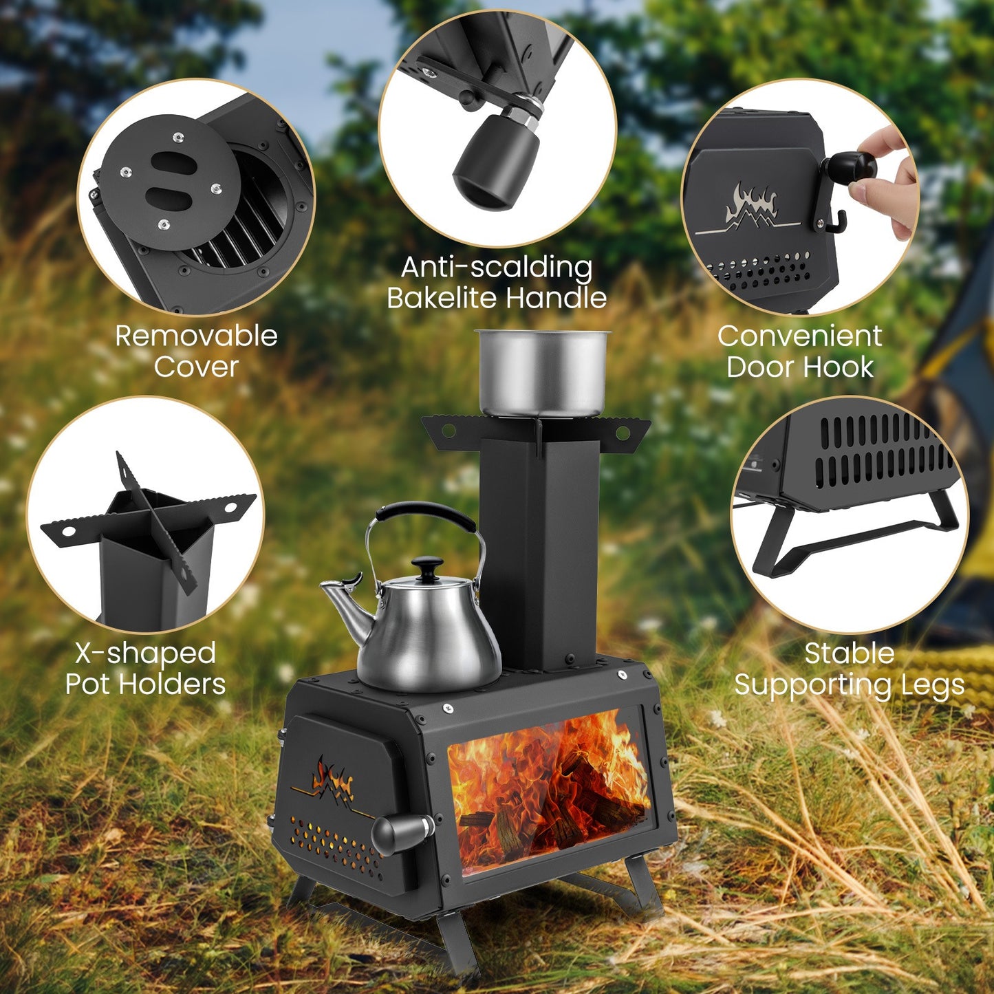 Camp Stove Wood Burning 2-in-1 Outdoor Cookstove & Heater, Carbon Steel, Glass-Ceramic Window, Dual Cooking Positions, Anti-Scald Handle, Foldable, 8.5 lbs for Camping Hiking