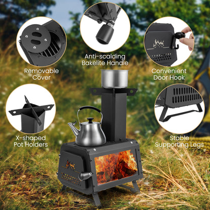 Camp Stove Wood Burning 2-in-1 Outdoor Cookstove & Heater, Carbon Steel, Glass-Ceramic Window, Dual Cooking Positions, Anti-Scald Handle, Foldable, 8.5 lbs for Camping Hiking