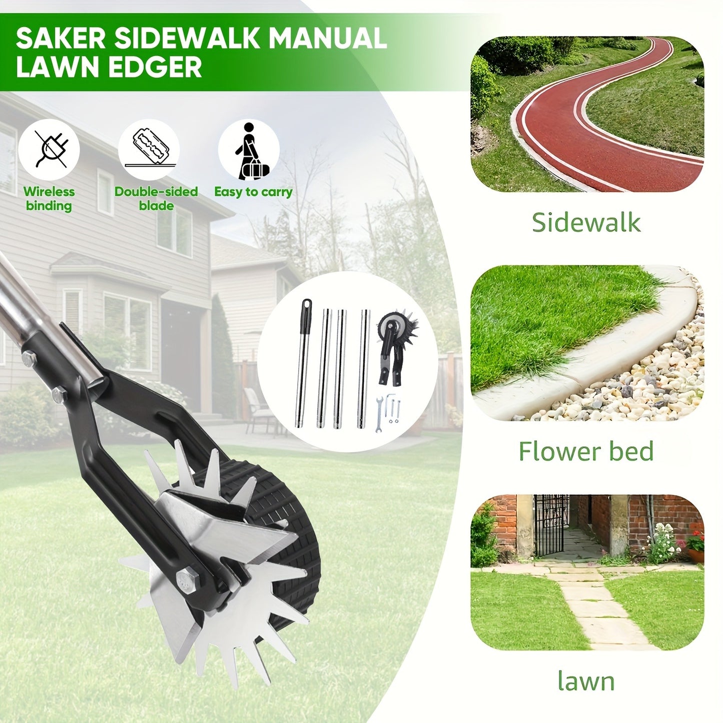 Wheeled Lawn Edger Manual Rotary Trimmer with 3/4-Section Stainless Steel Handle – Walk-Behind Grass Edger for Sidewalk, Driveway & Yard Weeding