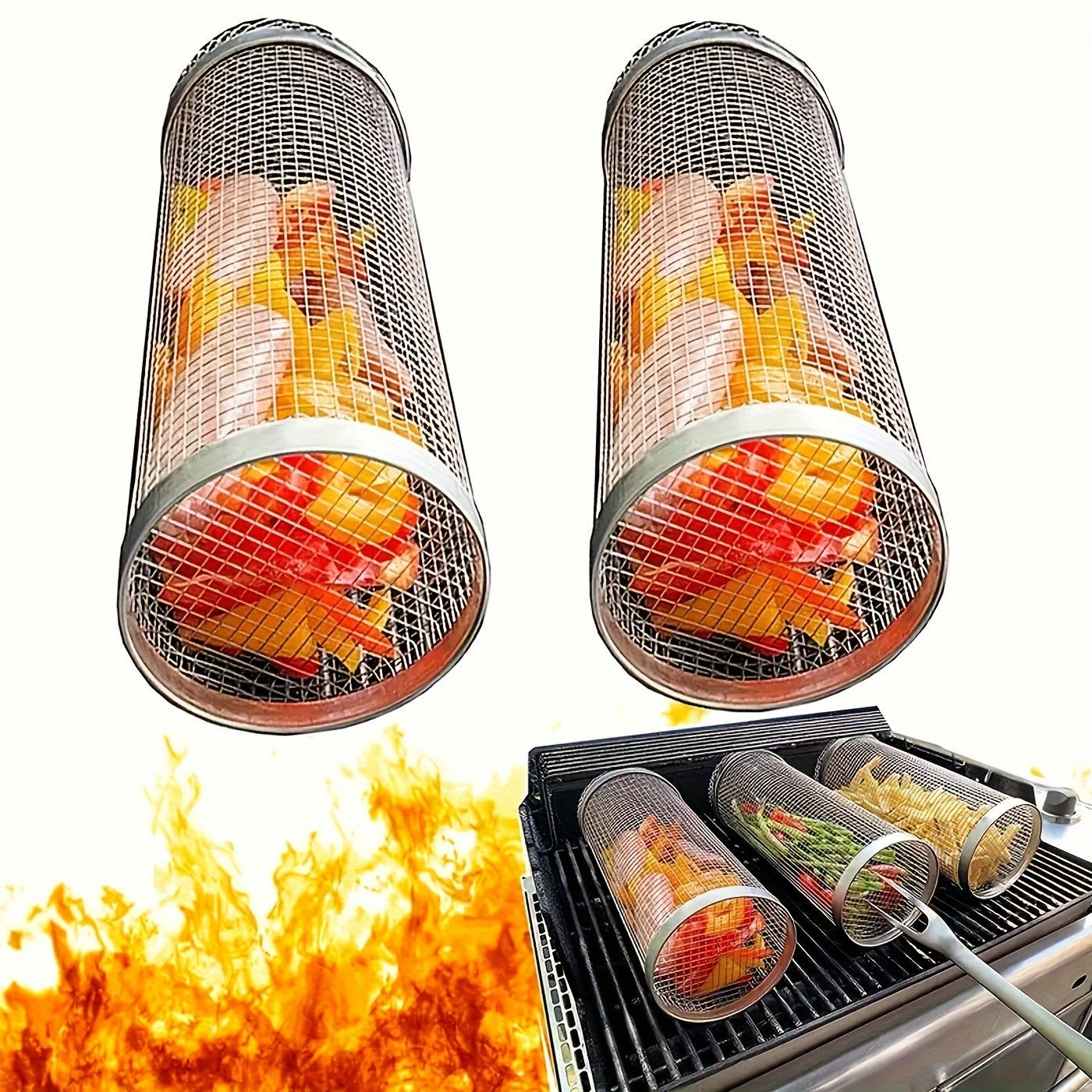 Rolling Grill Basket Stainless Steel 2-Pack – Cylinder BBQ Basket with Hook & Fork for Vegetables, Meatballs & Seafood | Outdoor Camping Bonfire Grill Accessory