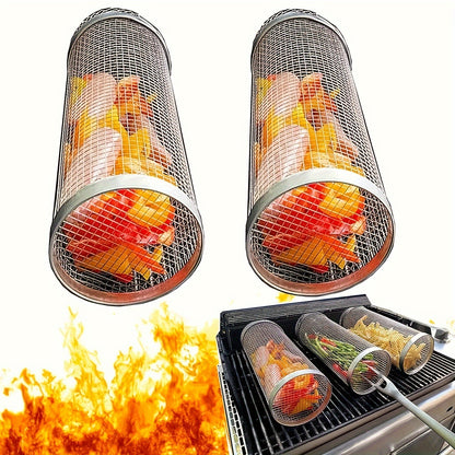 Rolling Grill Basket Stainless Steel 2-Pack – Cylinder BBQ Basket with Hook & Fork for Vegetables, Meatballs & Seafood | Outdoor Camping Bonfire Grill Accessory
