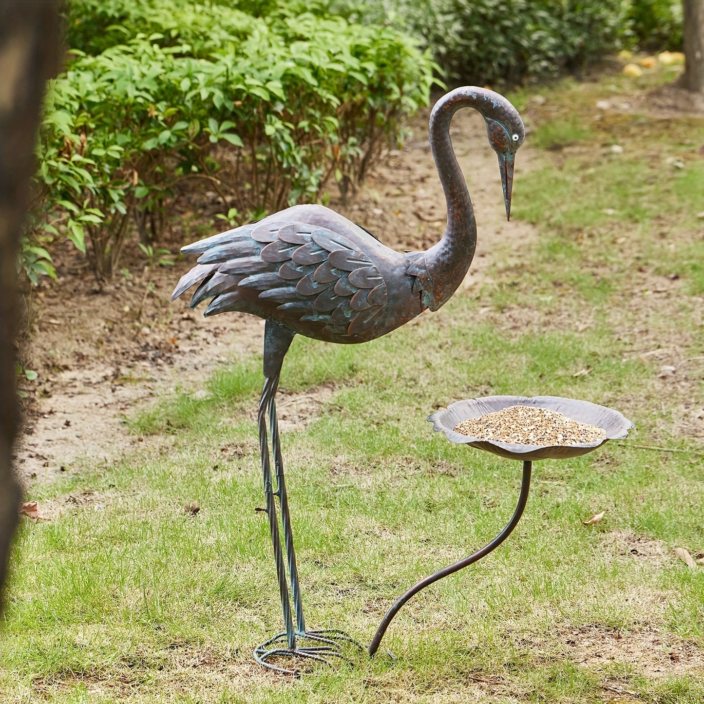Bird Bath Outdoor Metal Crane Heron Sculpture 36" – Garden Feeder Stake Yard Lawn Patio Decor