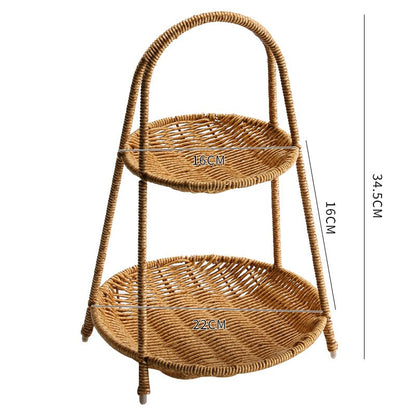Tiered Serving Tray Rattan Style Round Multi-Layer Fruit Snack Display Stand for Parties Weddings Buffets Nuts Desserts Space-Saving Elegant