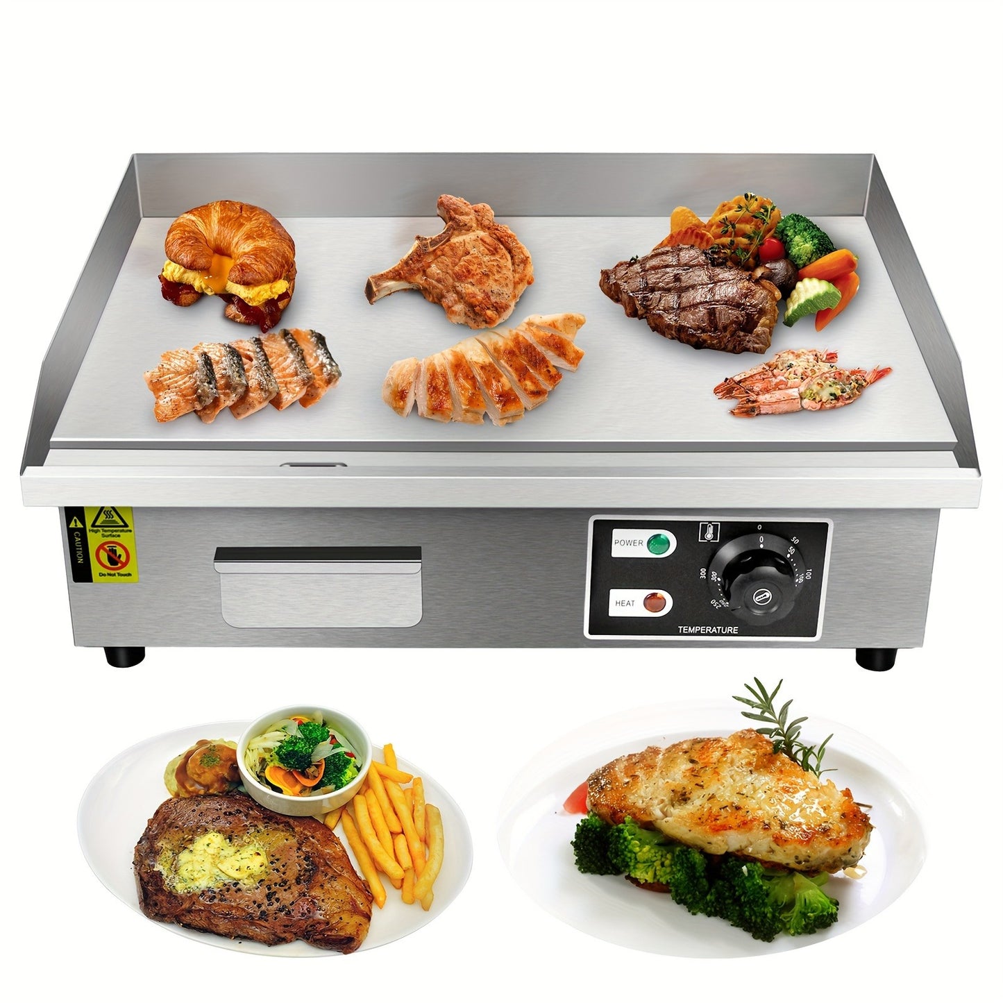 Flat Top Griddle 22 Inch 1600W Electric Countertop Teppanyaki Grill Non-Stick Stainless Steel Commercial Restaurant Griddle Adjustable Temp 50-300°C