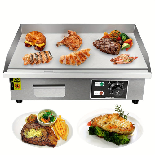 Flat Top Griddle 22 Inch 1600W Electric Countertop Teppanyaki Grill Non-Stick Stainless Steel Commercial Restaurant Griddle Adjustable Temp 50-300°C