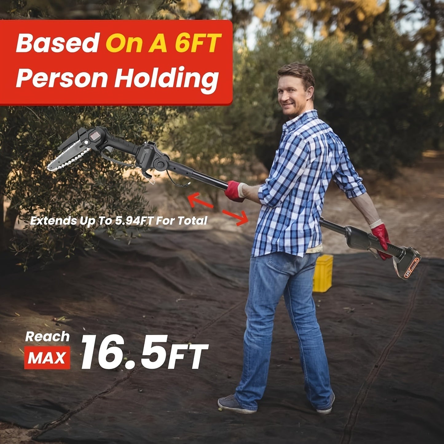 Tree Trimmer Pole Saw Cordless 2-in-1 with 4" & 6" Chains, 24V 1500mAh×2 Batteries, 3-Section Extendable to 71" & 90° Swivel Head for Branch Cutting