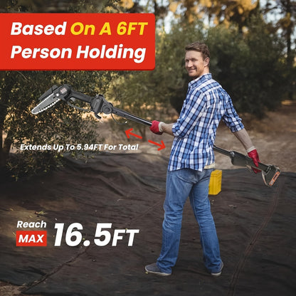 Tree Trimmer Pole Saw Cordless 2-in-1 with 4" & 6" Chains, 24V 1500mAh×2 Batteries, 3-Section Extendable to 71" & 90° Swivel Head for Branch Cutting