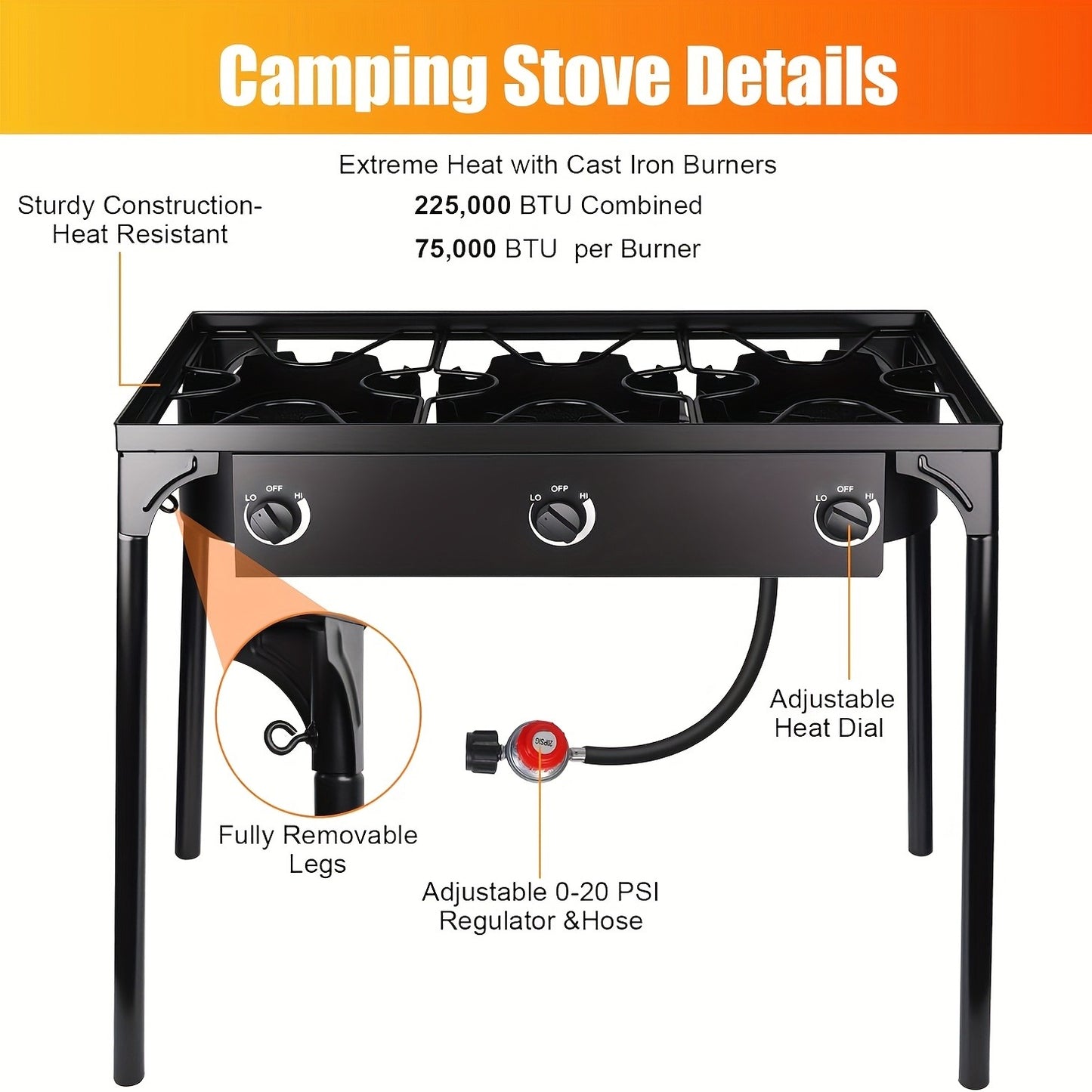 Propane Camp Stove 225000 BTU High-Pressure Burner Portable Outdoor Cooking Stove Detachable Legs Stainless Steel 1/2/3 Burner