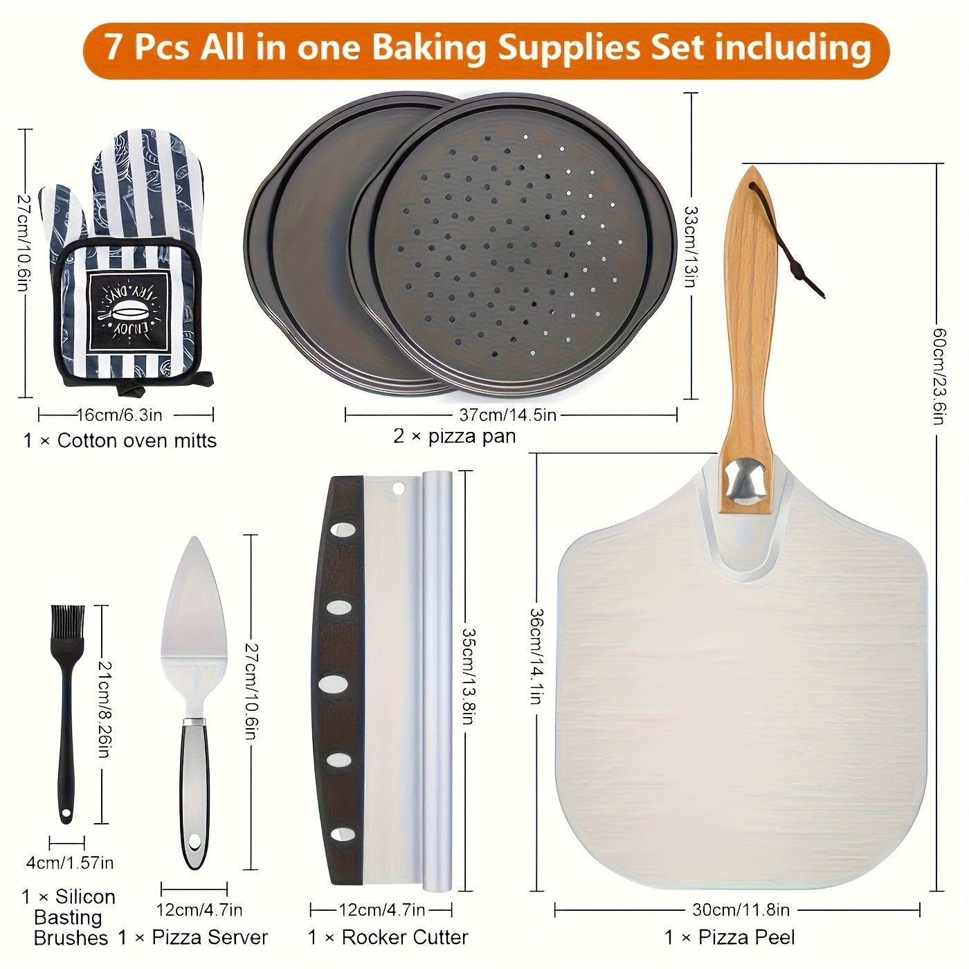 Pizza Stone Set 7-Piece with Tools – Cordierite Baking Stone with Stainless Steel Peel Cutter Brush & Heat-Resistant Gloves | Crispy Crust for Oven BBQ Grill Homemade Artisan Pizza Gift