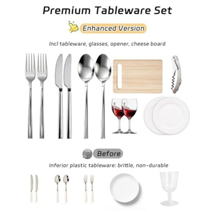 Wicker Picnic Basket for 2 with Insulated Cooler Compartment, Stainless Steel Cutlery Set, Ceramic Plates, Wine Glasses & Cheese Board – Outdoor Dining Hamper