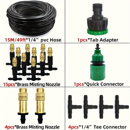 Outdoor Misting Cooling System 15m - 1/4" Brass Nozzles, 4/7mm Hose, Patio Garden Greenhouse