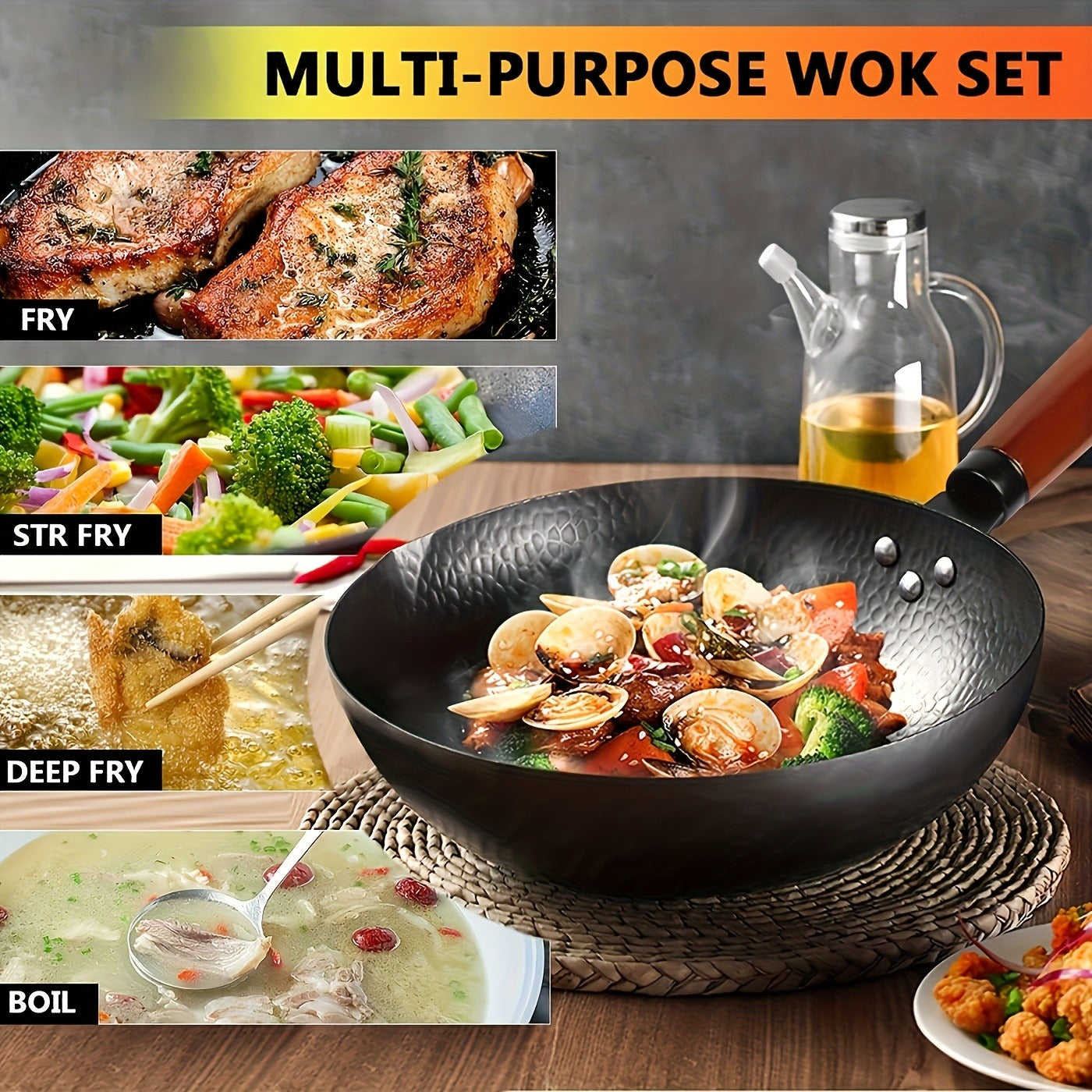 Wok Set Cast Iron 12.6 Inch Nonstick with 13 Accessories – Natural Nonstick No Chemical Coating Stir Fry Pan with Lid & Detachable Handle | Gas Electric Induction Ceramic Stovetop Kitchen Gift