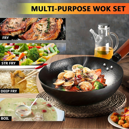 Wok Set Cast Iron 12.6 Inch Nonstick with 13 Accessories – Natural Nonstick No Chemical Coating Stir Fry Pan with Lid & Detachable Handle | Gas Electric Induction Ceramic Stovetop Kitchen Gift