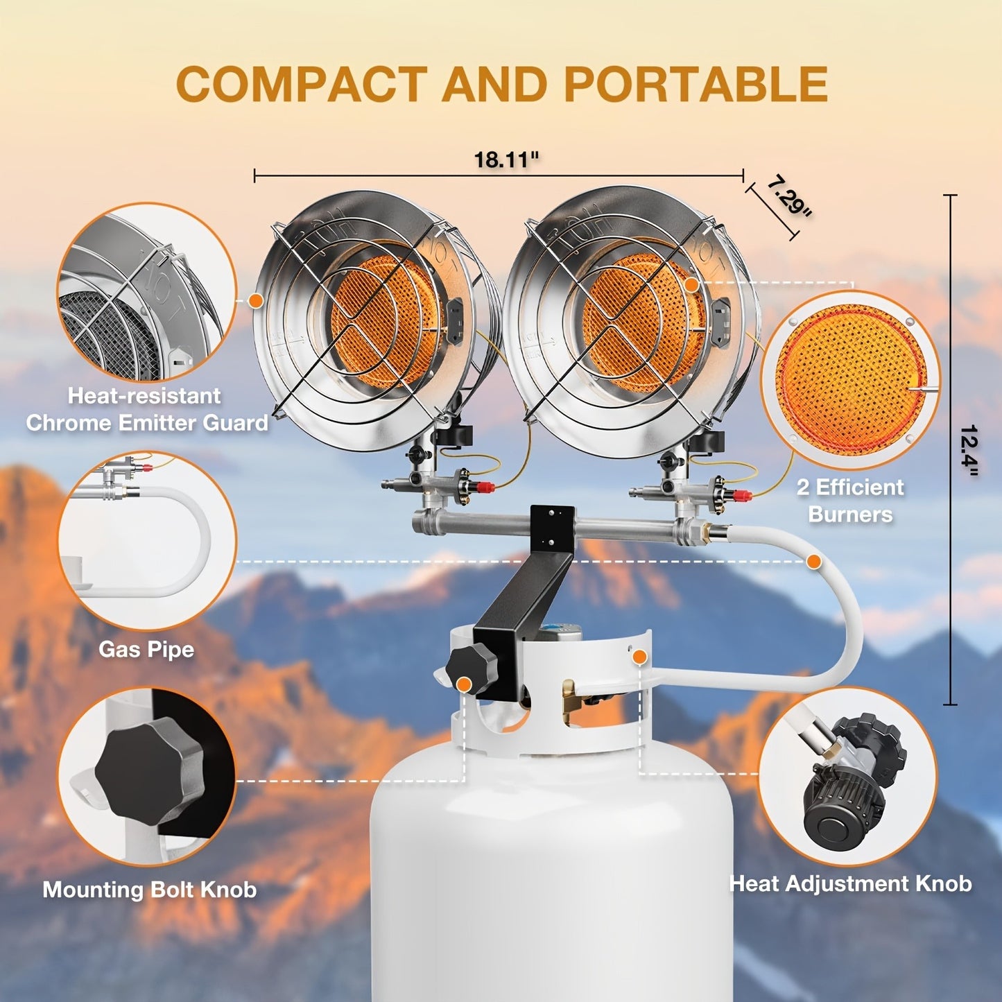 Propane Tank Top Heater 30000 BTU Outdoor Patio Heater with 3 Heat Settings, Tip-Over & Shut-Off Protection, Wind-Resistant Cast Aluminum Body for Camping, Garage, Porch & Job Site
