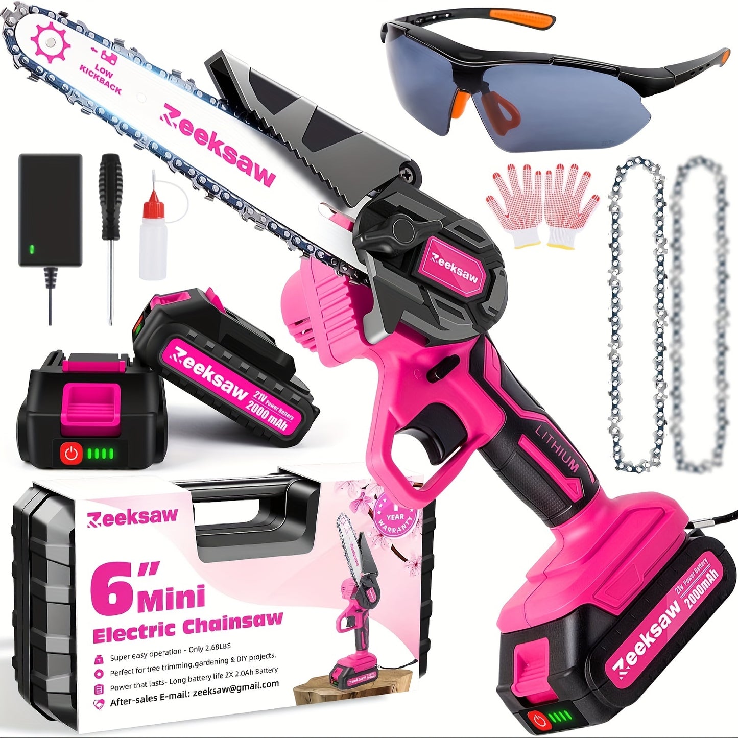Mini Chainsaw for Women – 6-Inch Pink Cordless Electric Handheld Saw with Battery Level Display, Battery & Charger Included, Gardening Gift