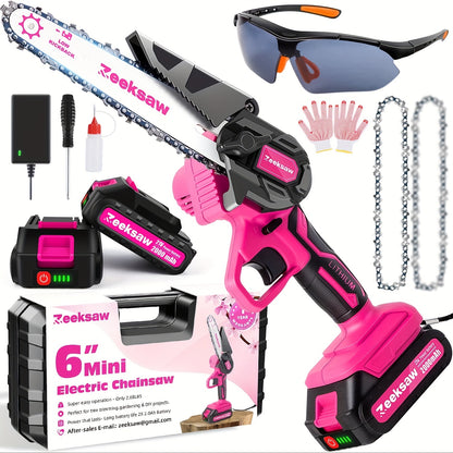 Mini Chainsaw for Women – 6-Inch Pink Cordless Electric Handheld Saw with Battery Level Display, Battery & Charger Included, Gardening Gift