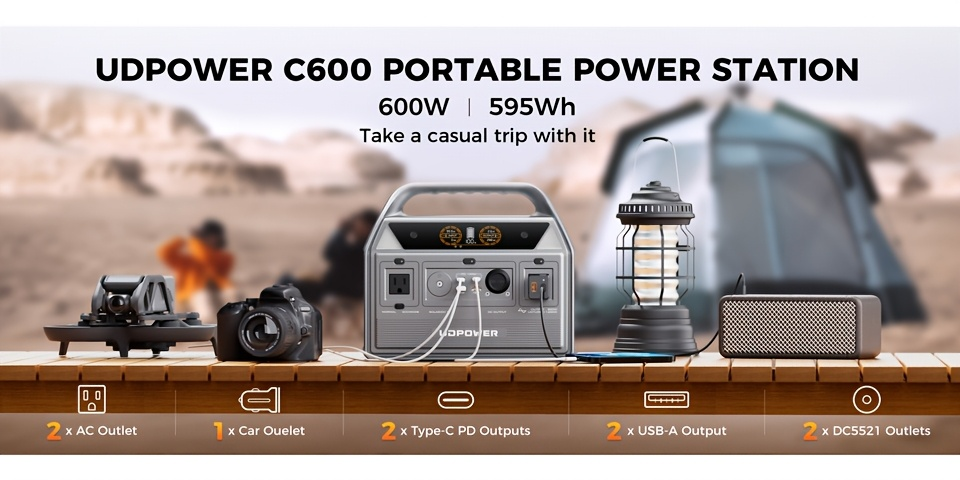 LiFePO4 Power Station 600W 595Wh Solar Generator 9 Outputs AC PD USB-C DC LED for Home Camping RV Travel Emergency Backup Off-Grid Power Supply