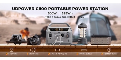 LiFePO4 Power Station 600W 595Wh Solar Generator 9 Outputs AC PD USB-C DC LED for Home Camping RV Travel Emergency Backup Off-Grid Power Supply