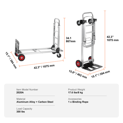 Folding Hand Truck 2-in-1 Convertible 400 LB Capacity Aluminum Carbon Steel Frame 360° Brake Wheels Collapsible Dolly Cart for Warehouse Garden Moving