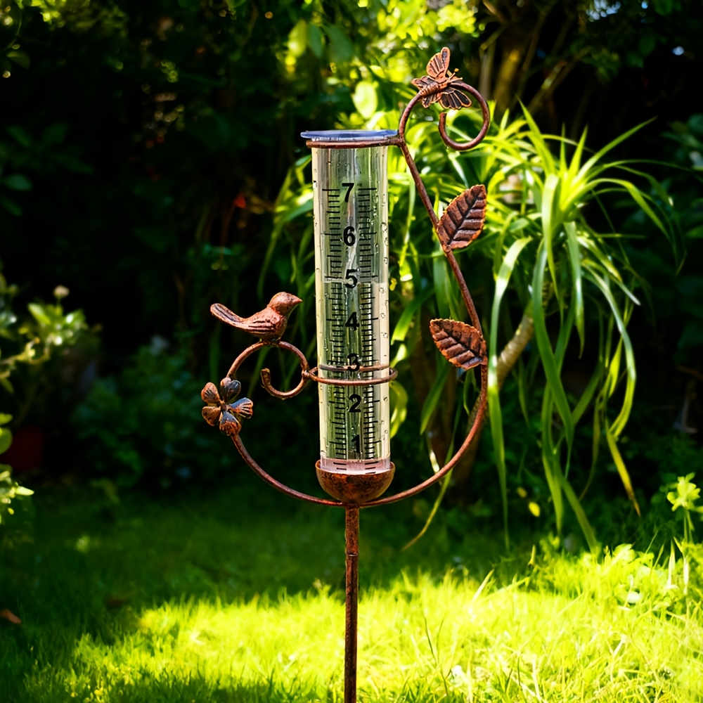 Decorative Rain Gauge Outdoor - 8-Inch Large Capacity Bird Ornament & Metal Spiral Rainfall Collector for Garden, Lawn & Patio, No Electricity Needed