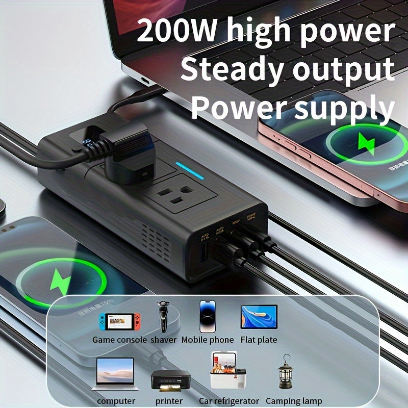 Power Inverter for Car 200W DC 12V to AC 110V with QC3.0 USB-C Type-C 1.2A 2A USB Ports Cigarette Lighter Plug Adapter Outlet Charger for Laptop Phone Tablet
