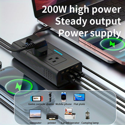 Power Inverter for Car 200W DC 12V to AC 110V with QC3.0 USB-C Type-C 1.2A 2A USB Ports Cigarette Lighter Plug Adapter Outlet Charger for Laptop Phone Tablet